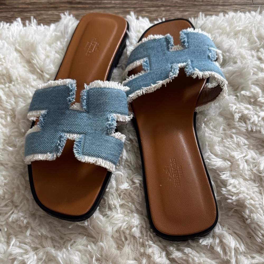 Authentic Hermes Denim Oran Fringe Sandals Bleu Clair